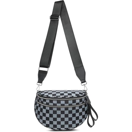 Bum Bags for Women, RFID Checkered Crossbody Bags with Silver Zipper, Nylon Plus Size Fanny Packs Travel Purse