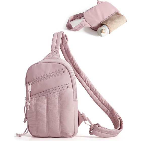 Puffer Sling Bag for Women with RFID Blocking Pocket and Hidden Water Bottle Holder, Crossbody Bag for Women